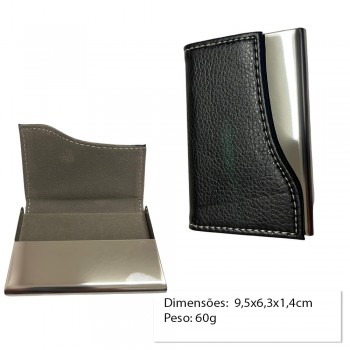 PORTA CARTÃO EM METAL E COURO SINTÉTICO PRETO 