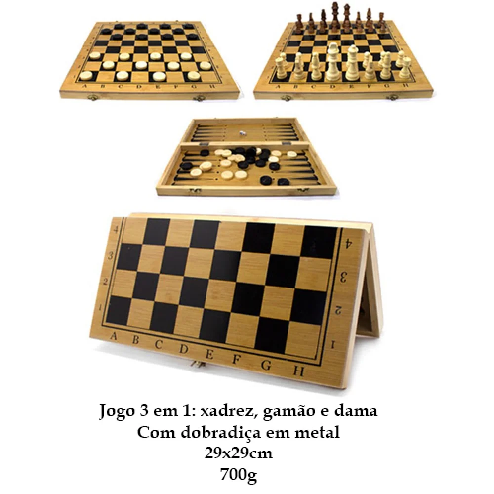 Jogo 3 Em 1 Xadrez Dama Gamão Com Tabuleiro De Madeira 29x29cm + 2