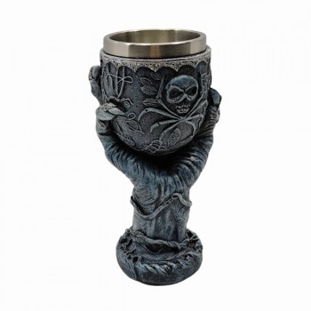 TAÇA MEDIEVAL MODELO MÃO E CAVEIRA INOX EM RESINA 180ML REF: 220037A