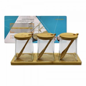 KIT 3 POTES DE VIDRO COM TAMPA E SUPORTE EM BAMBU REF: APYF-3