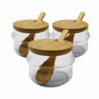 KIT 3 POTES DE VIDRO COM TAMPA E SUPORTE EM BAMBU REF: APLW-3
