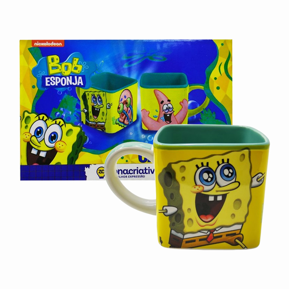 CANECA CUBO MODELO BOB ESPONJA EM CERÂMICA 300ML REF: 10025186