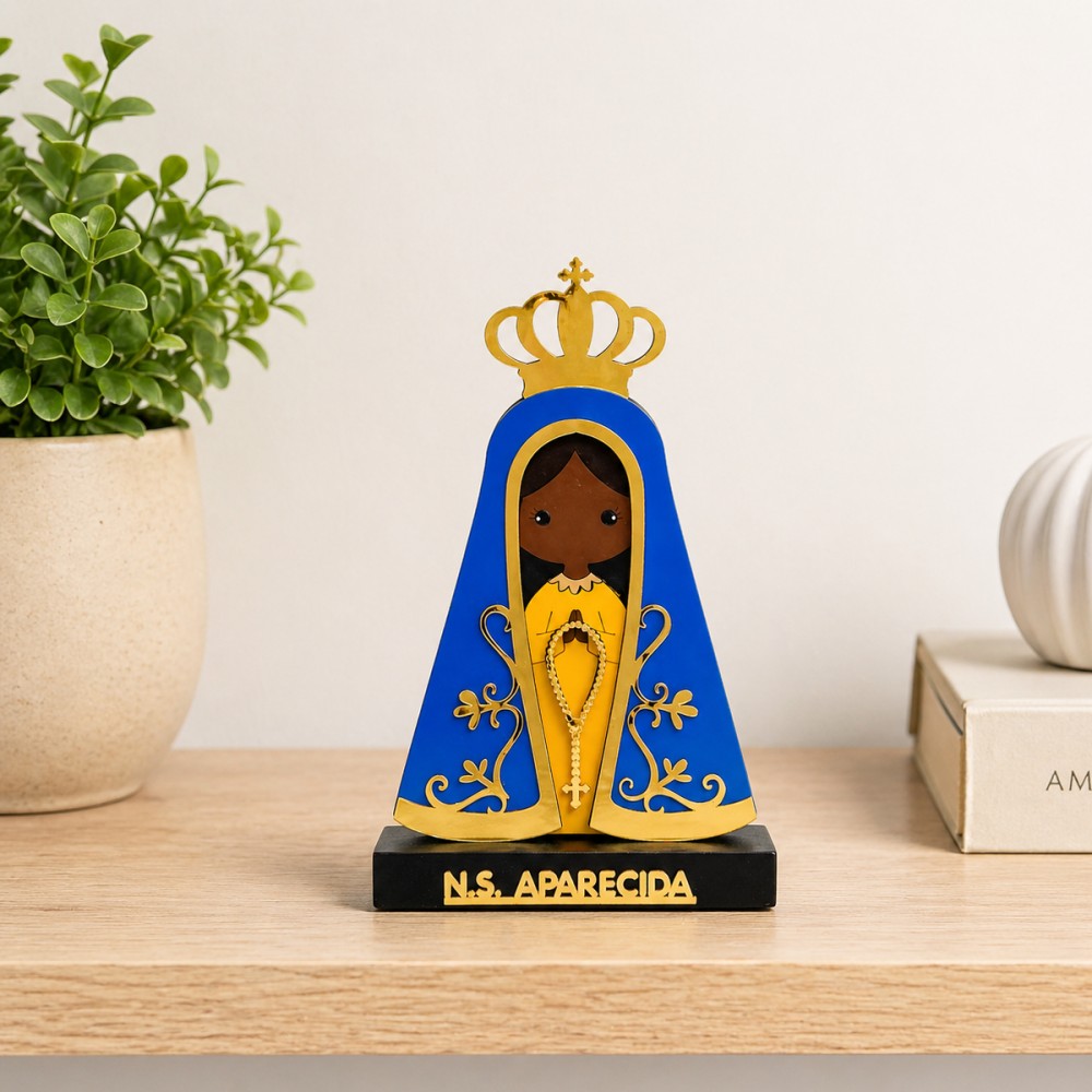 ENFEITE DECORATIVO DE MESA MODELO NOSSA SENHORA DE MADEIRA E ACRÍLICO REF: 000014