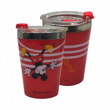 COPO VIAGEM MODELO MICKEY MOUSE LISTRAS EM PLÁSTICO COM TAMPA 300ML REF: 10025779