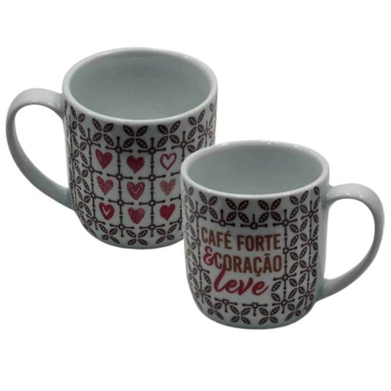 CANECA COM FRASE MODELO CAFÉ FORTE E CORAÇÃO LEVE EM PORCELANA 360ML REF: 401120