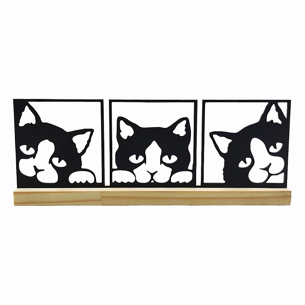 PLACA PET TRIO GATOS EM MDF COM BASE EM MADEIRA REF: 2447