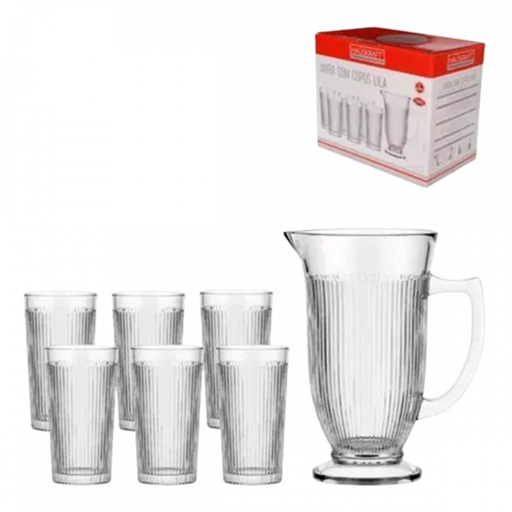 KIT JARRA COM 6 COPOS EM VIDRO REF: CJPS085/GD