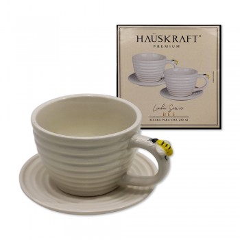 KIT 2 XÍCARAS DE CHÁ COM PIRES BEE EM PORCELANA 230ML REF: JGCH078