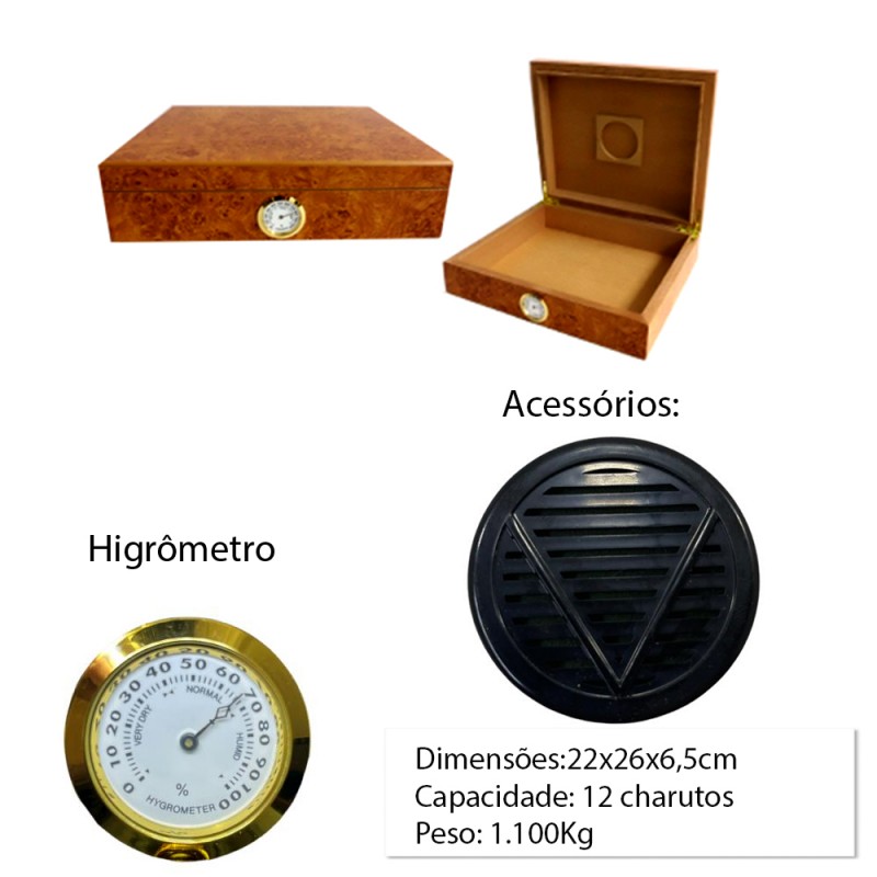 CAIXA DE CHARUTO PARA 12 PÇS COM HIGRÔMETRO E UMIDIFICADOR REF: VG12768A CAIXA DE CHARUTO PARA 12 PÇS COM HIGRÔMETRO E UMIDIFICADOR REF: VG12768A