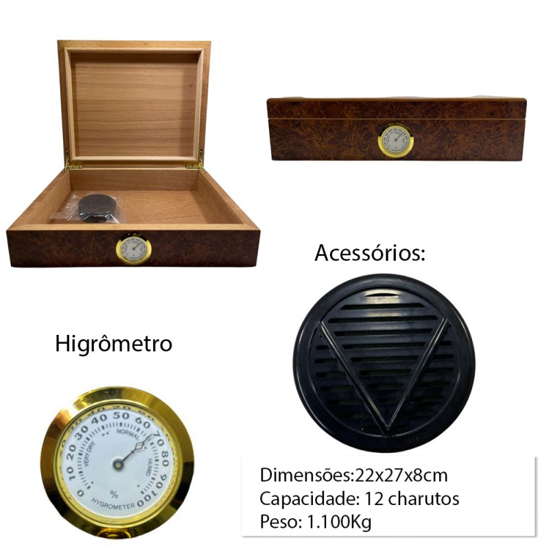 CAIXA UMIDORA EM MADEIRA MDF PARA 12 CHARUTOS REF: VG12769A