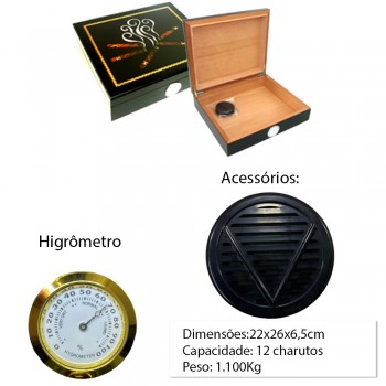 CAIXA UMIDORA DE CHARUTO PARA 12PÇS COM HIGRÔMETRO E UMIDIFICADOR REF: VG12107A