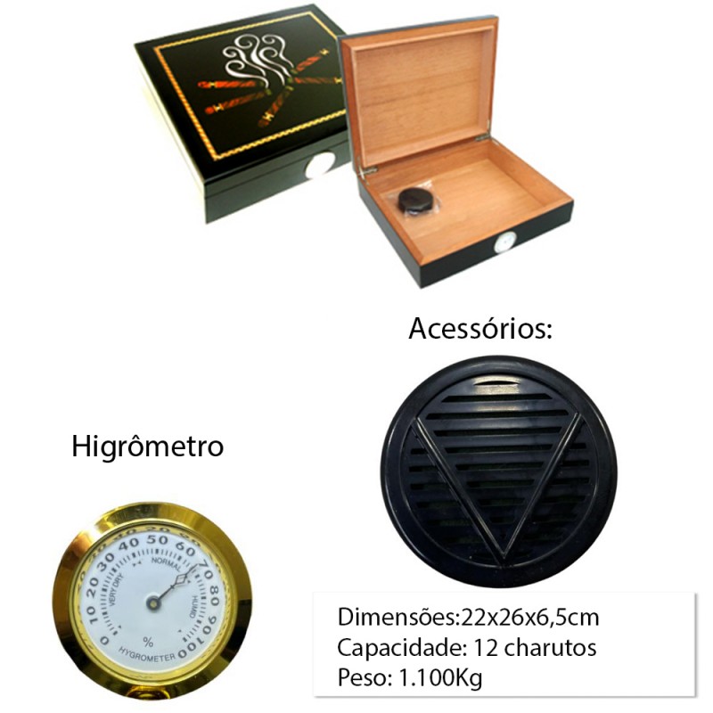 CAIXA UMIDORA DE CHARUTO PARA 12PÇS COM HIGRÔMETRO E UMIDIFICADOR REF: VG12107A