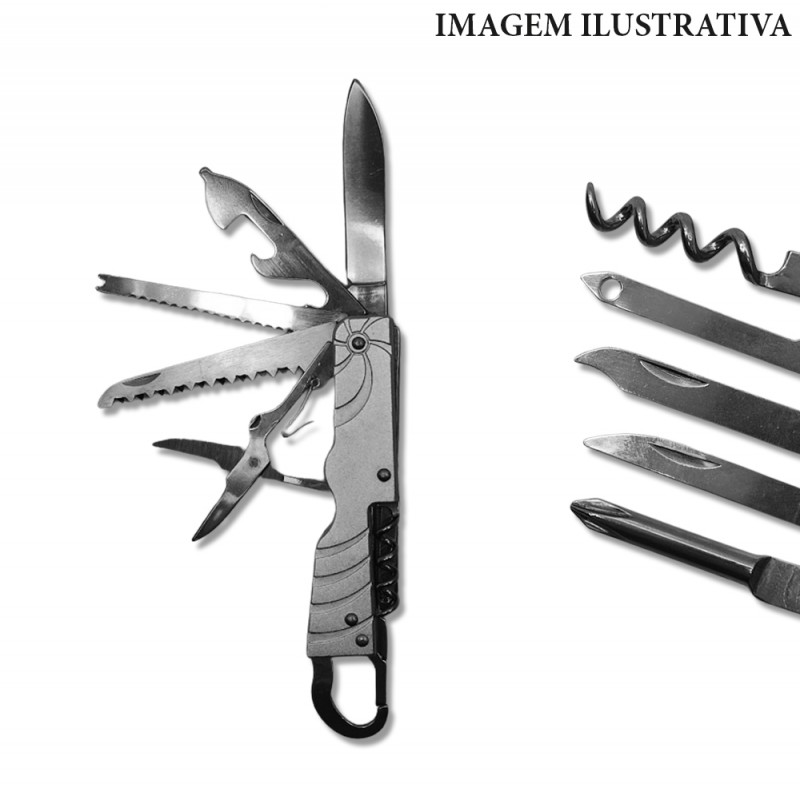 CANIVETE MOSQUETÃO COM 12 FUNÇÕES EM METAL  REF: F75A