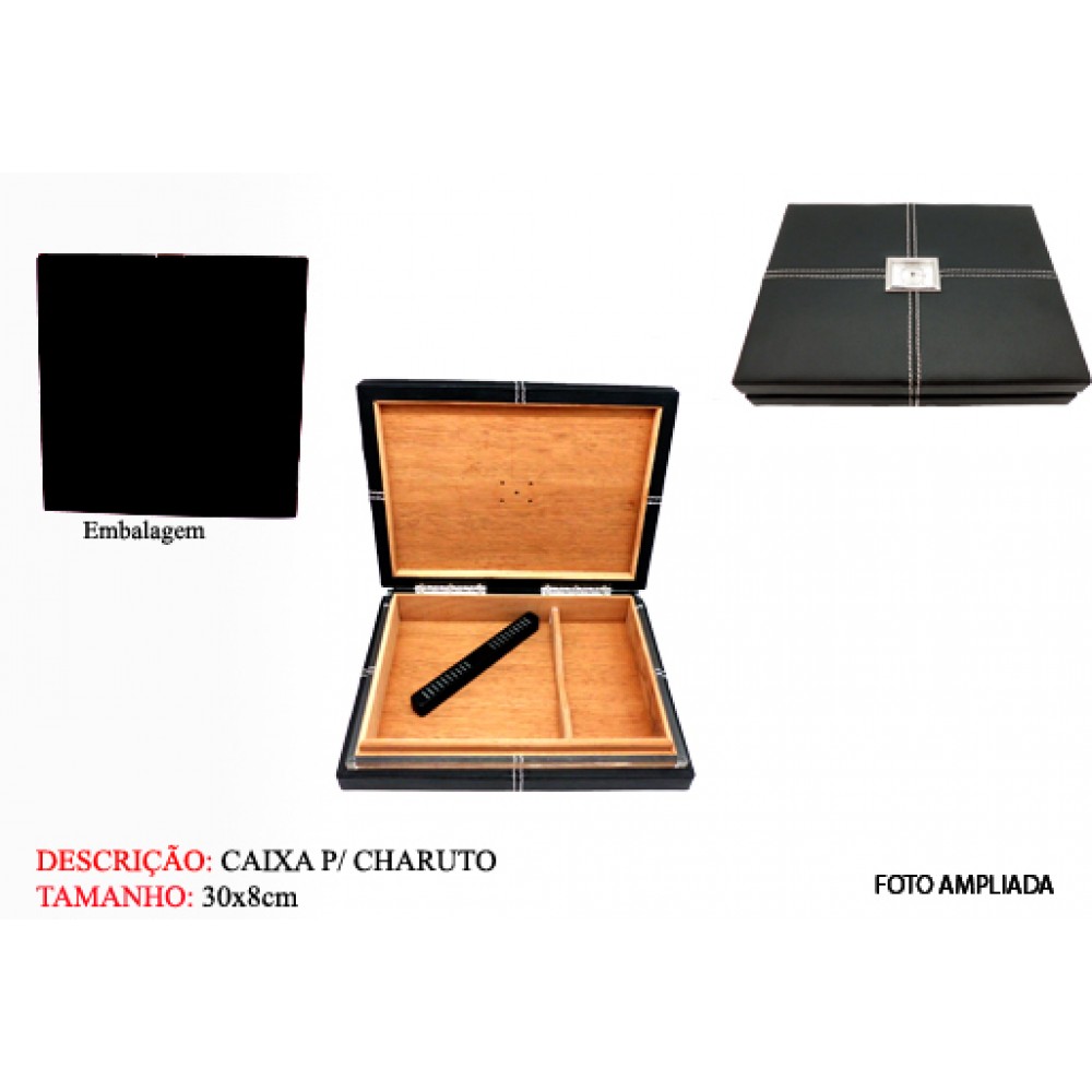 CAIXA DE CHARUTO P/12 PÇS C/ HIGRÔMETRO E UMIDIFICADOR. TAM:28.5X21.5X6CM