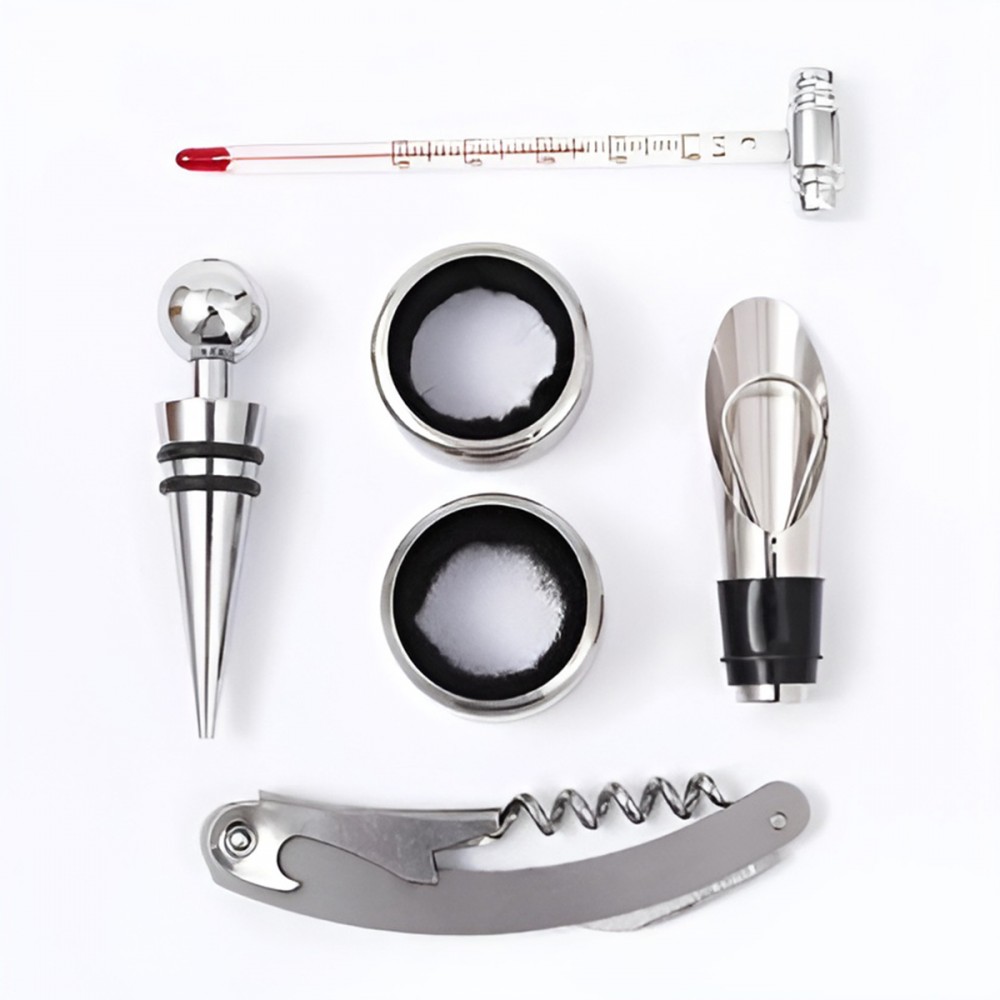 KIT VINHO COM 6 PEÇAS EM MADEIRA E METAL  REF: 700052-2