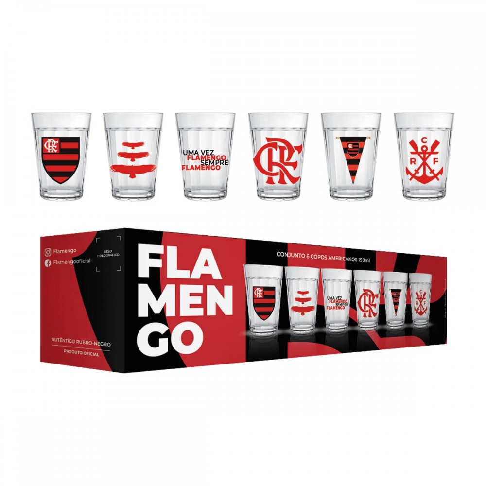KIT 6 COPOS AMERICANOS MODELO  FLAMENGO EM VIDRO 190ML REF: 2916033