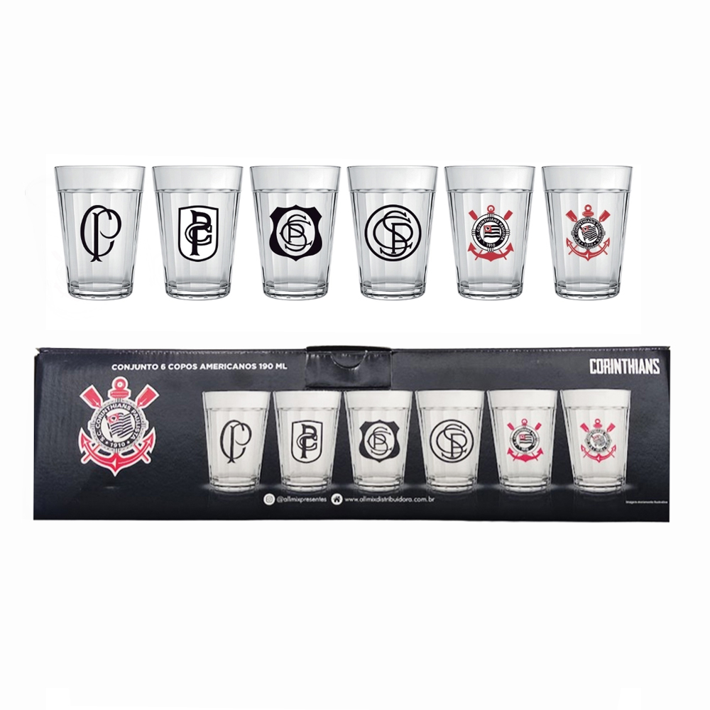 KIT 6 COPOS AMERICANOS MODELO CORINTHIANS EM VIDRO 190ML REF: 2916038