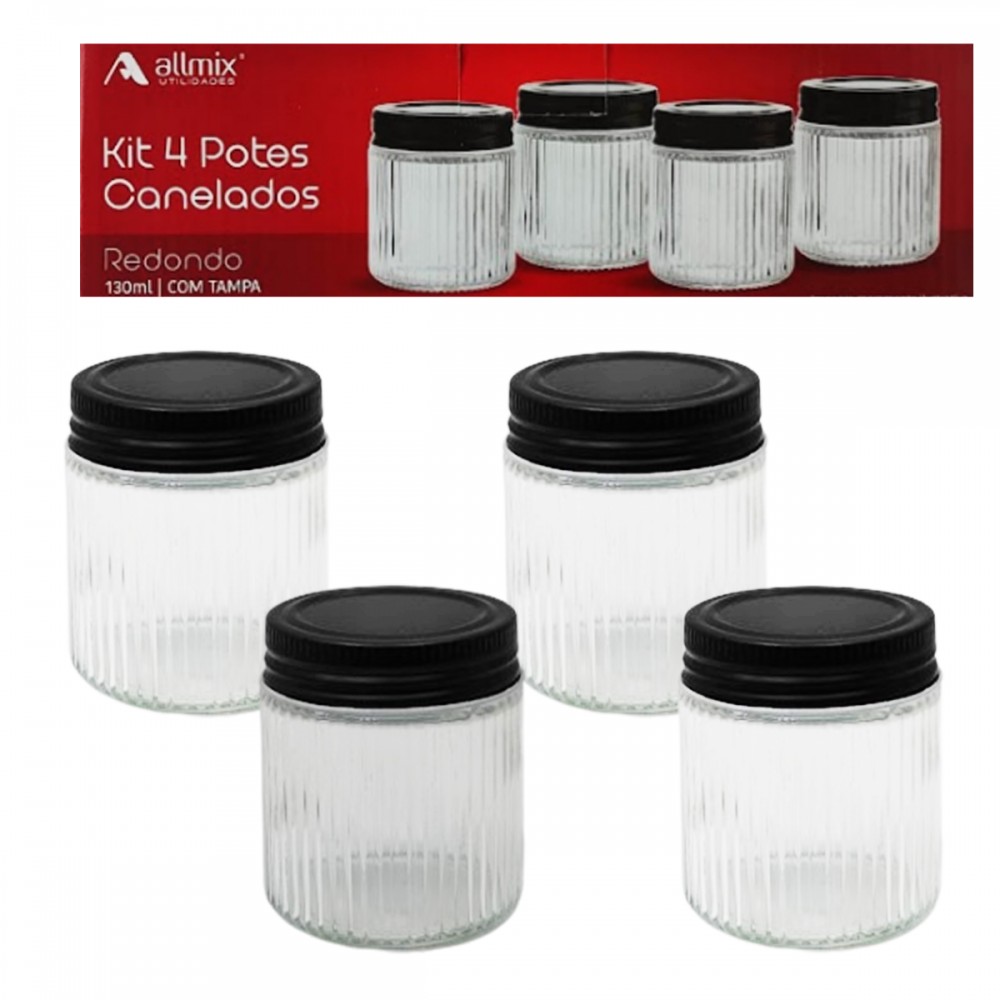KIT 4 POTES REDONDO RIVIERA 130ML EM VIDRO E METAL REF: 202130