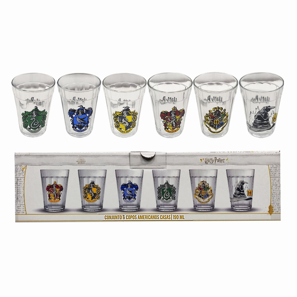 KIT 6 COPOS AMERICANOS MODELO CASAS DE HOGWARTS EM VIDRO 190ML REF: 2010100