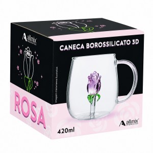 CANECA BOROSSILICATODE VIDRO 350ML MODELO ROSA 3D REF: 223047