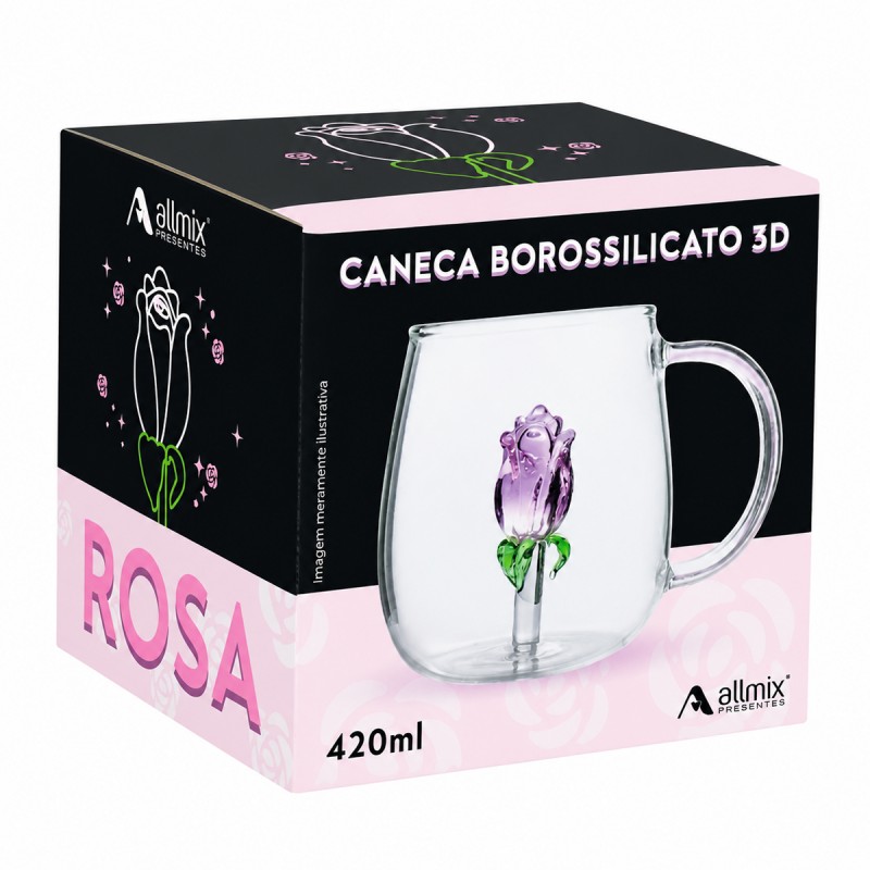 CANECA BOROSSILICATODE VIDRO 350ML MODELO ROSA 3D REF: 223047 CANECA BOROSSILICATODE VIDRO 350ML MODELO ROSA 3D REF: 223047