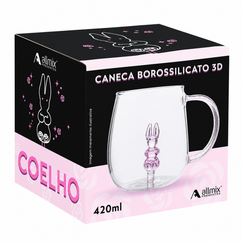 CANECA BOROSSILICATO DE VIDRO 350ML MODELO COELHO 3D REF: 223049 CANECA BOROSSILICATO DE VIDRO 350ML MODELO COELHO 3D REF: 223049