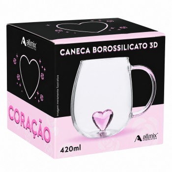 CANECA BOROSSILICATO DE VIDRO 350ML MODELO CORAÇÃO 3D REF: 223046
