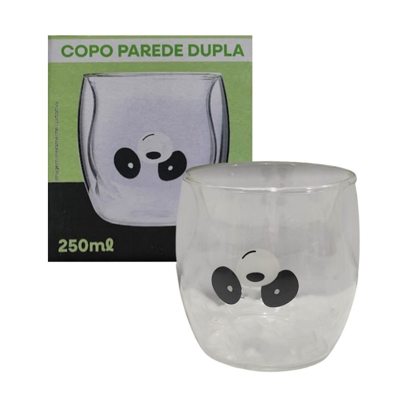 COPO COM PAREDE DUPLA MODELO PANDA EM VIDRO 250ML REF: 223039