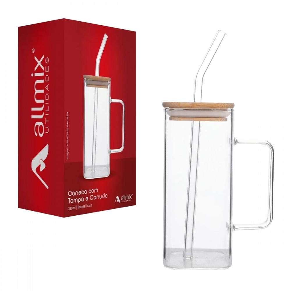 CANECA BOROSSILICATO QUADRADA COM TAMPA E CANUDO 380ML REF: 240225 CANECA BOROSSILICATO QUADRADA COM TAMPA E CANUDO 380ML REF: 240225