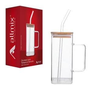 CANECA BOROSSILICATO QUADRADA COM TAMPA E CANUDO 380ML REF: 240225