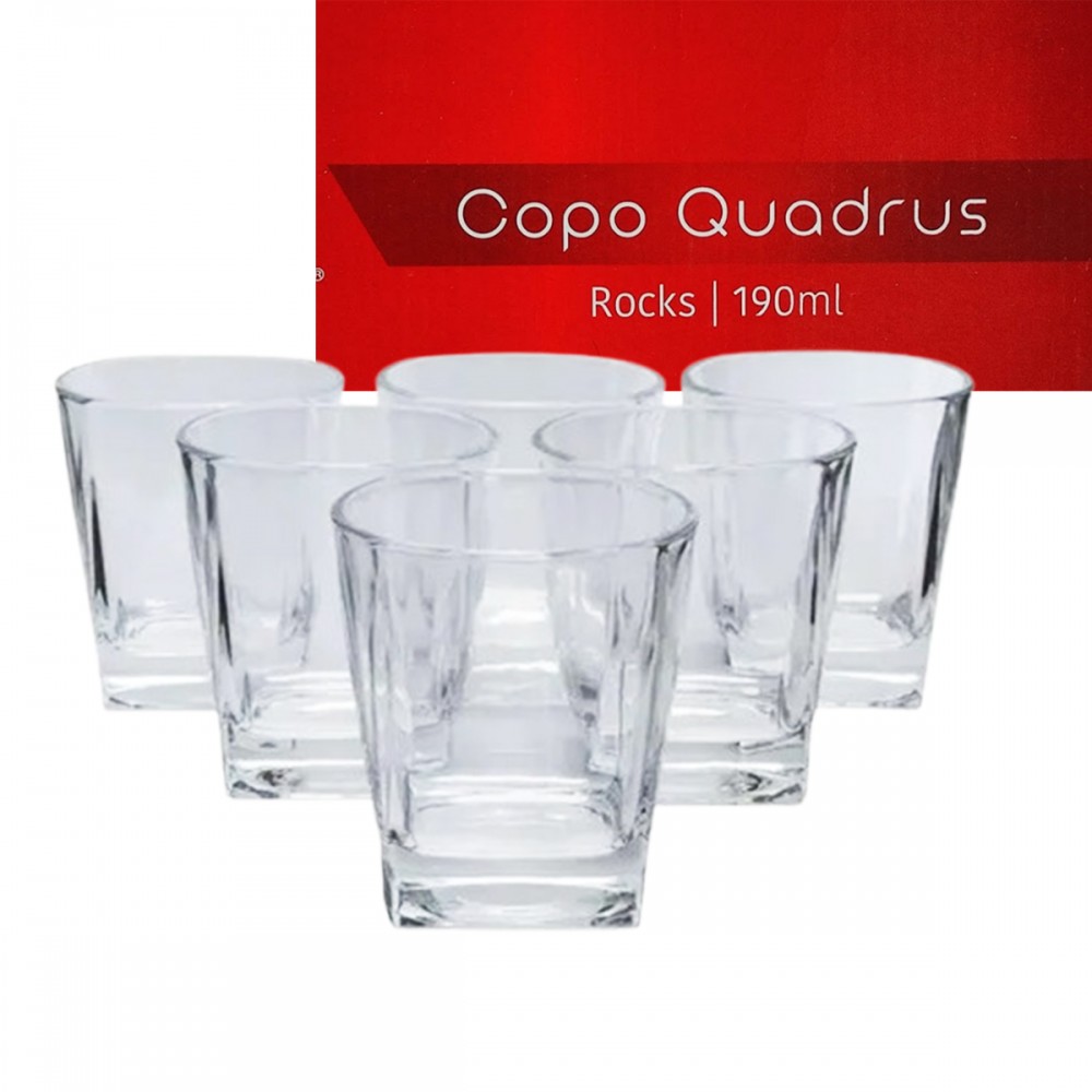 COPO ROCKS QUADRUS 190 ML 6 PEÇAS EM VIDRO REF: 300356