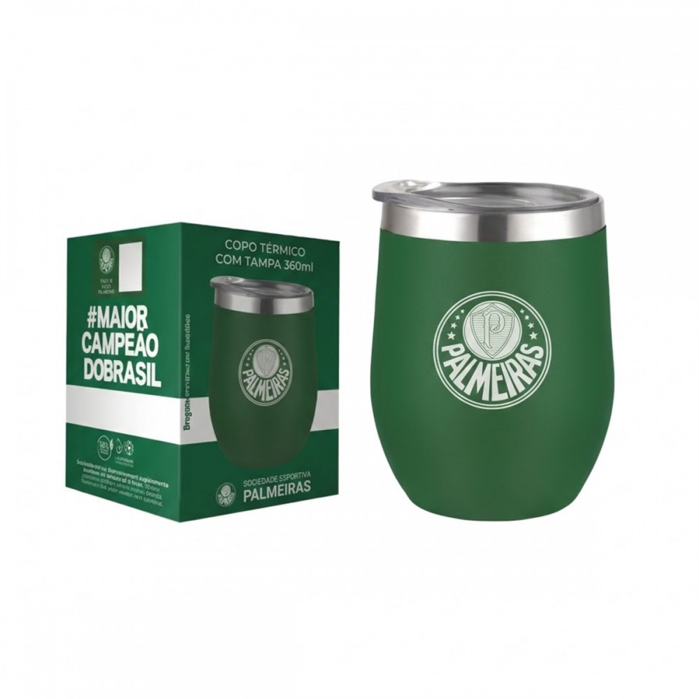 COPO TÉRMICO INOX COM TAMPA 360ML PALMEIRAS REF: 103138 COPO TÉRMICO INOX COM TAMPA 360ML PALMEIRAS REF: 103138