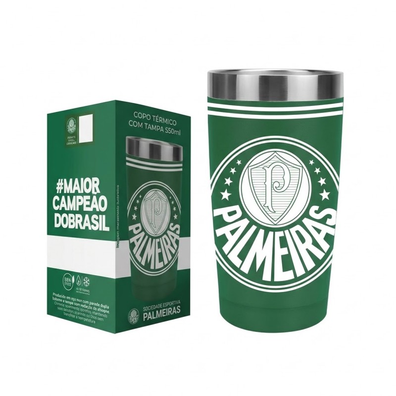 COPO TÉRMICO INOX COM TAMPA 550ML PALMEIRAS REF: 123138 COPO TÉRMICO INOX COM TAMPA 550ML PALMEIRAS REF: 123138