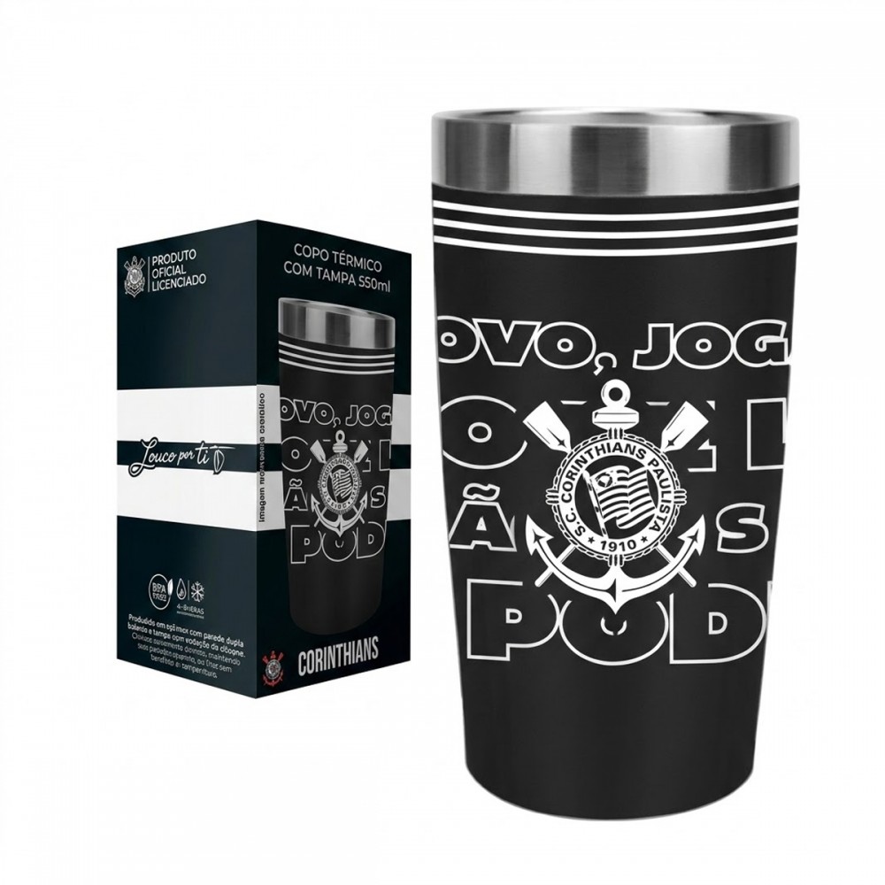 COPO TÉRMICO INOX COM TAMPA 550ML CORINTHIANS REF: 123139