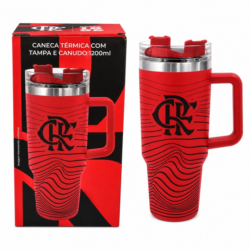 CANECA TÉRMICA INOX COM TAMPA E CANUDO 1200ML MODELO FLAMENGO REF: 153133