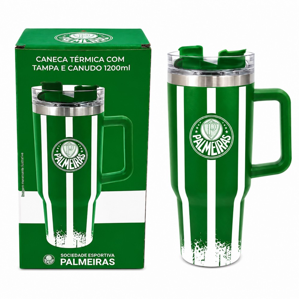 CANECA TÉRMICA INOX COM TAMPA E CANUDO 1200ML MODELO PALMEIRAS REF: 153138 CANECA TÉRMICA INOX COM TAMPA E CANUDO 1200ML MODELO PALMEIRAS REF: 153138