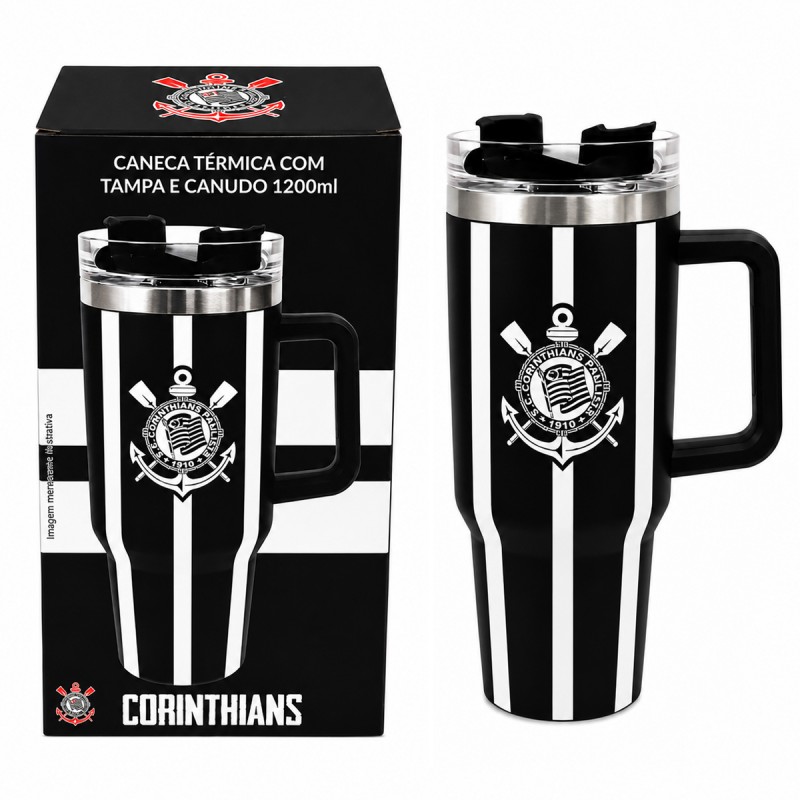 CANECA TÉRMICA INOX COM TAMPA E CANUDO 1200ML MODELO CORINTHIANS REF: 153139 CANECA TÉRMICA INOX COM TAMPA E CANUDO 1200ML MODELO CORINTHIANS REF: 153139