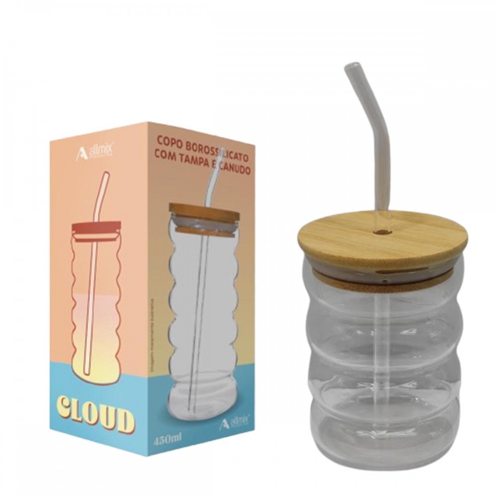  COPO DRINKS 300 ML CLOUD COM TAMPA E CANUDO EM VIDRO E BAMBU REF: 241002