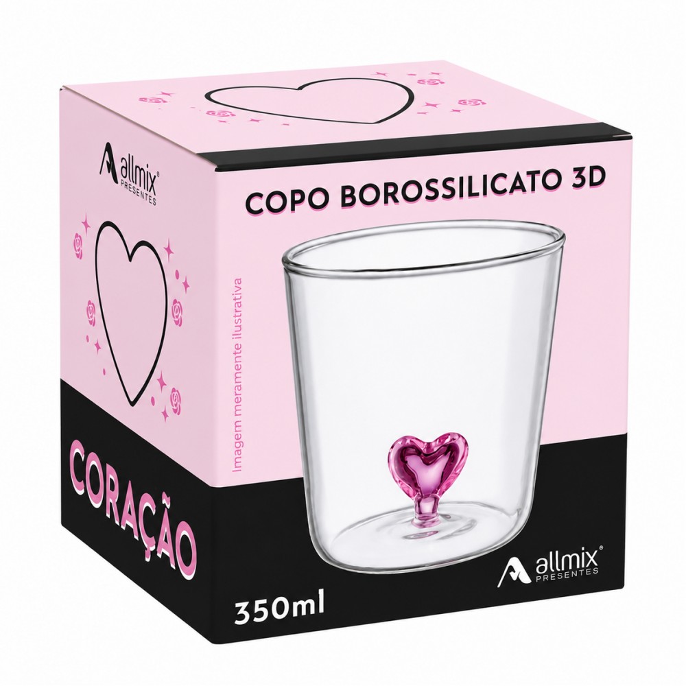 COPO BOROSSILICATO DE VIDRO 350ML MODELO CORAÇÃO 3D REF: 213023