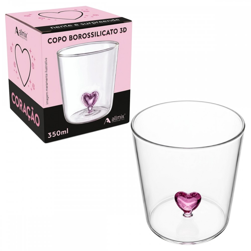 COPO BOROSSILICATO 3D 350ML MODELO CORAÇÃO REF: 213023