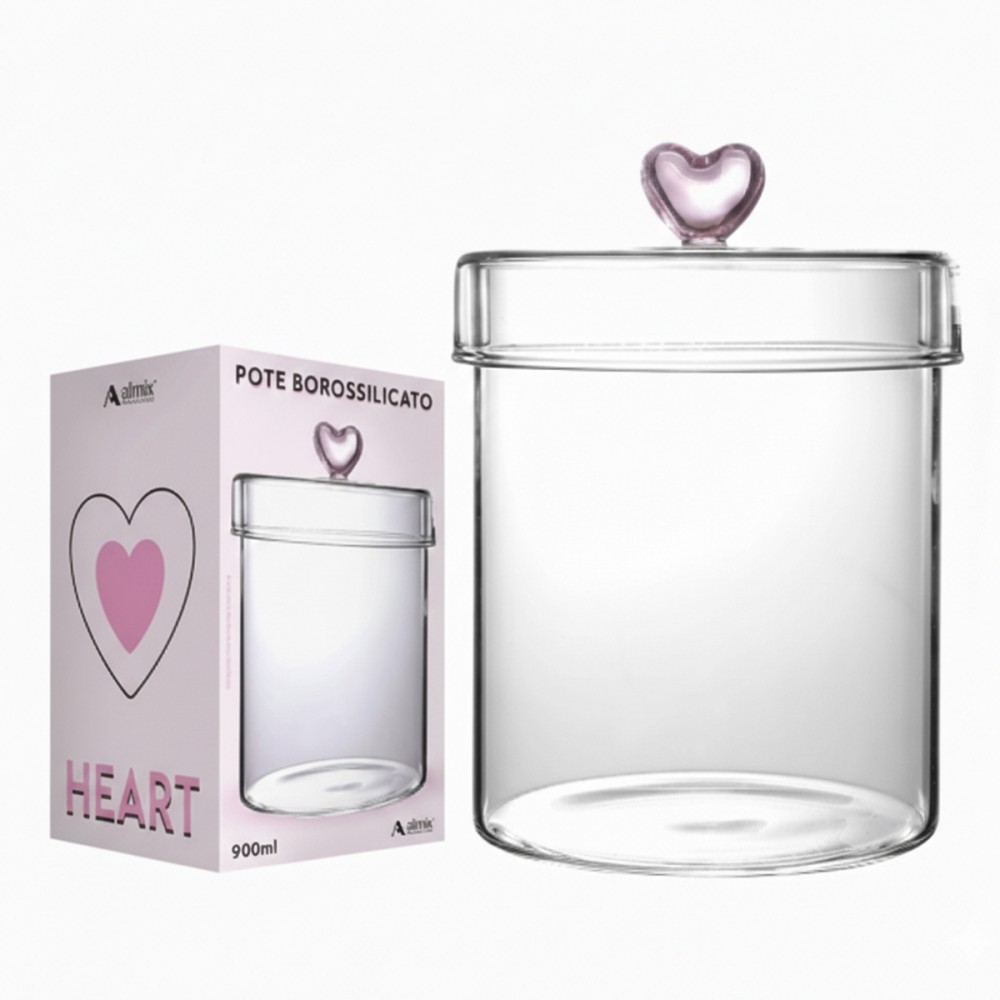 POTE BOROSSILICATO DE VIDRO COM TAMPA 900ML CORAÇÃO REF: 241026