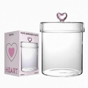 POTE BOROSSILICATO DE VIDRO COM TAMPA 900ML CORAÇÃO REF: 241026