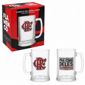 CANECA DE VIDRO CERVEJA PLACA METAL 420ML MODELO FLAMENGO REF: 601033
