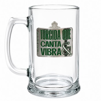 CANECA DE VIDRO CERVEJA COM PLACA DE METAL 420ML MODELO PALMEIRAS REF: 601038
