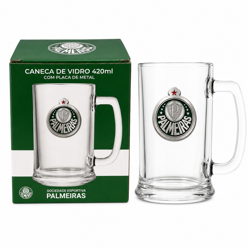 CANECA DE VIDRO CERVEJA COM PLACA DE METAL 420ML MODELO PALMEIRAS REF: 601038