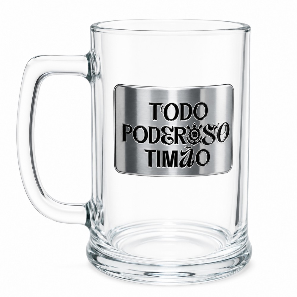 CANECA DE VIDRO CERVEJA COM PLACA DE METAL 420ML MODELO CORINTHIANS REF: 601039