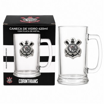 CANECA DE VIDRO CERVEJA COM PLACA DE METAL 420ML MODELO CORINTHIANS REF: 601039