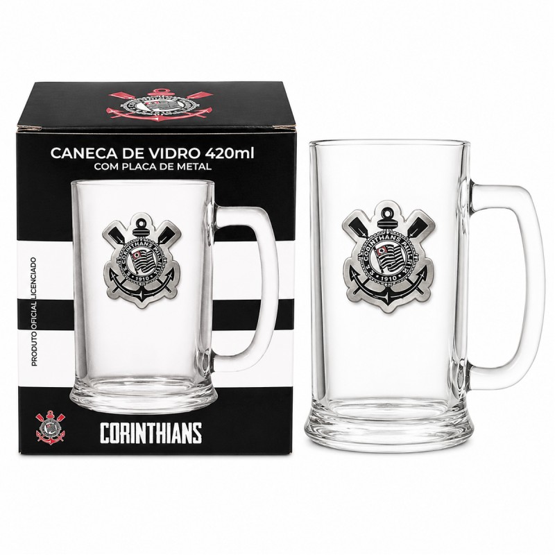 CANECA DE VIDRO CERVEJA COM PLACA DE METAL 420ML MODELO CORINTHIANS REF: 601039 CANECA DE VIDRO CERVEJA COM PLACA DE METAL 420ML MODELO CORINTHIANS REF: 601039