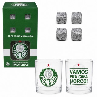 COPO DE VIDRO ROCKS 400ML COM CUBOS DE PEDRA MODELO PALMEIRAS REF: 740338