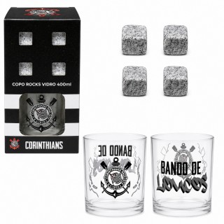 COPO DE VIDRO ROCKS 400ML COM CUBOS DE PEDRA MODELO CORINTHIANS REF: 740339